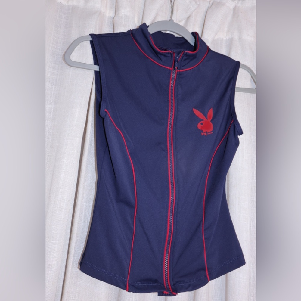 Playboy Navy Blue Sleeveless Zip-Up Top